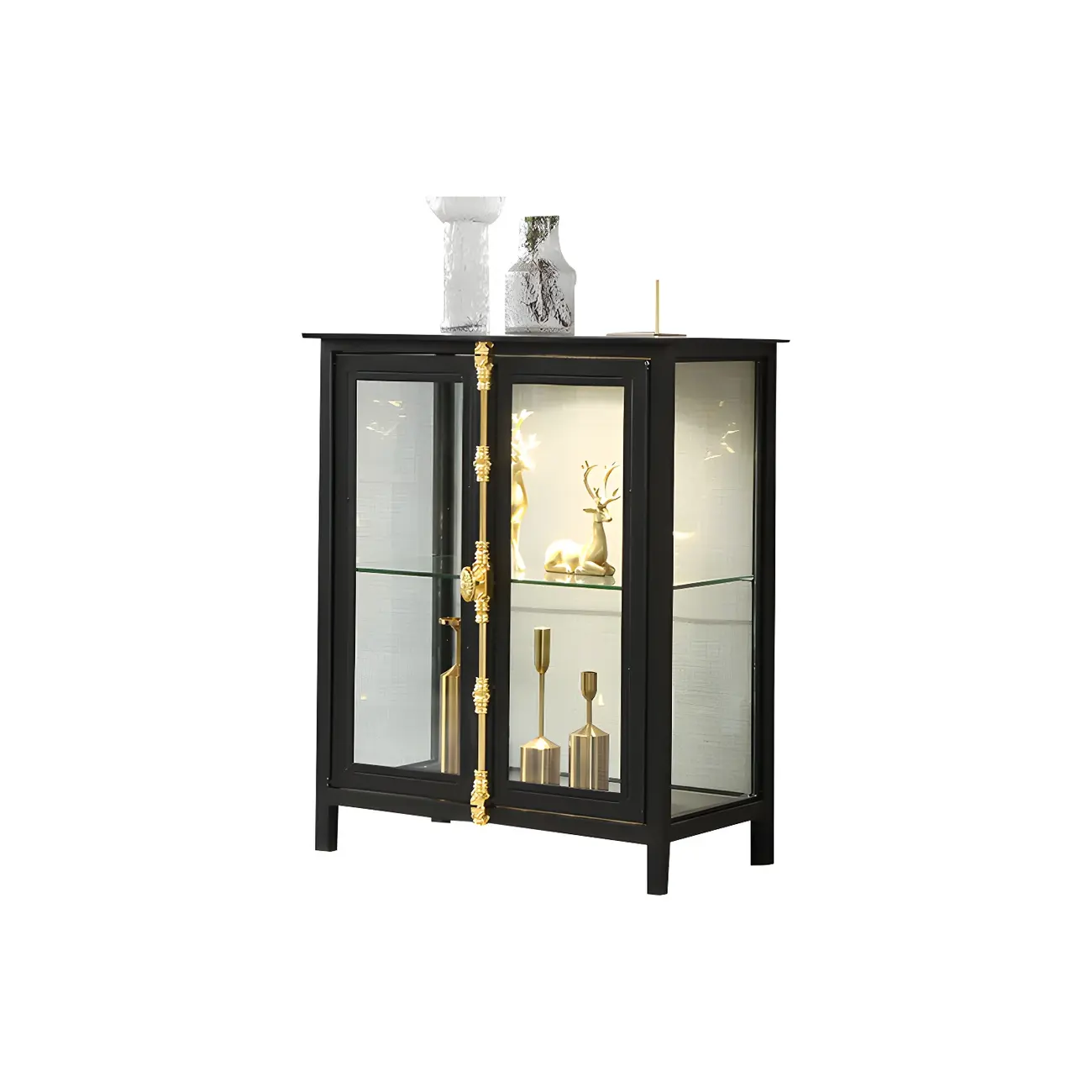 Black Metal Glass Shelves Display Cabinet with Lights