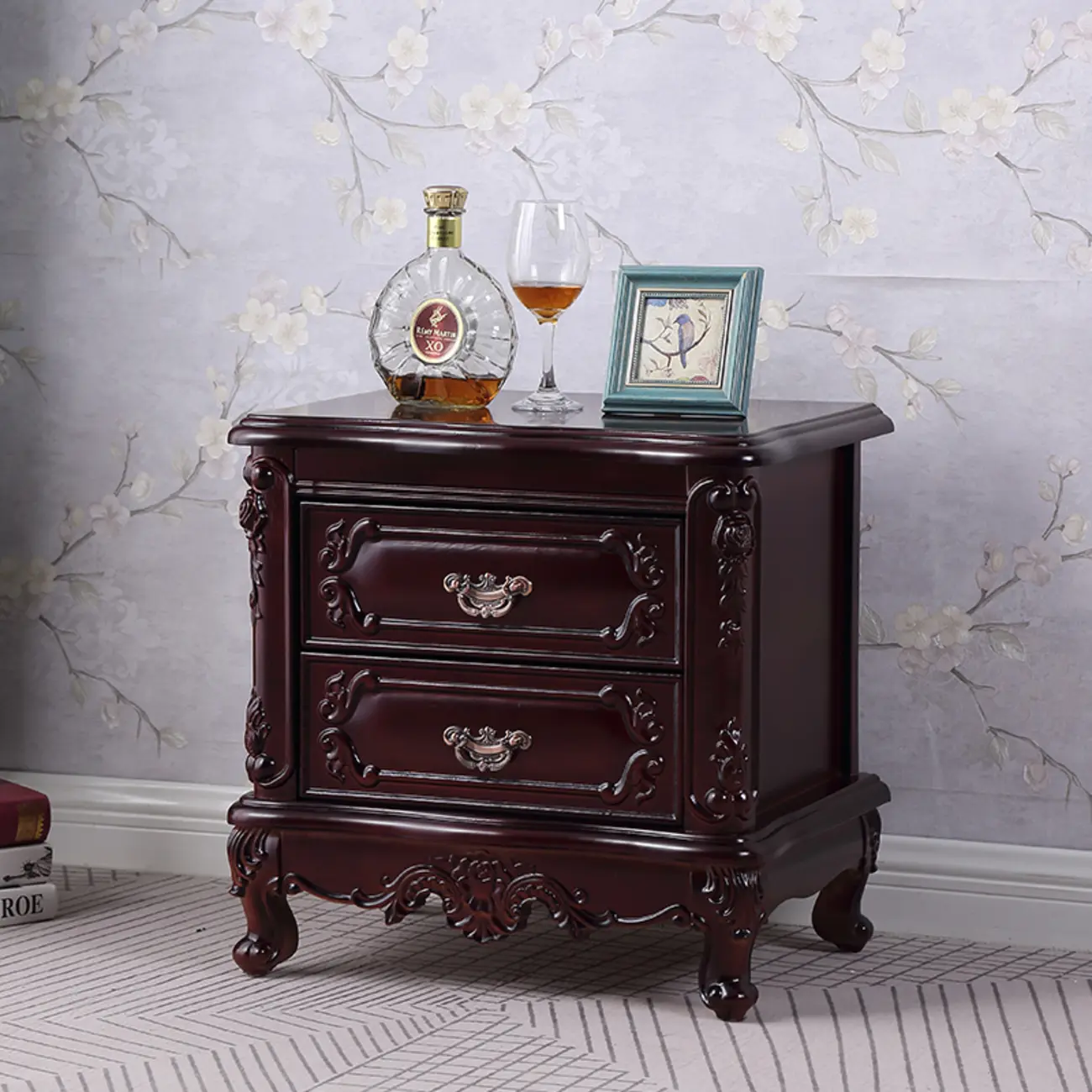 Traditional Carved Wood 2-Drawer Nightstand
