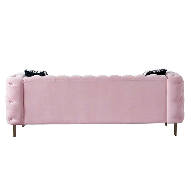 84.25 Luxurious Tufted Velvet Upholstered 3-Seater Sofa with Golden Metal Armrest Design and Buttoned Tufted Backrest