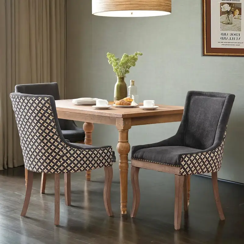 Ultra Side Dining Chair, Thickened fabric chairs with neutrally toned solid wood legs, Bronze nail head, Set of 2