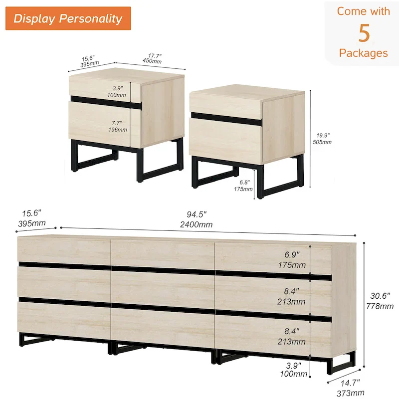 WAMPAT 3 Piece Dresser and Nightstand Sets