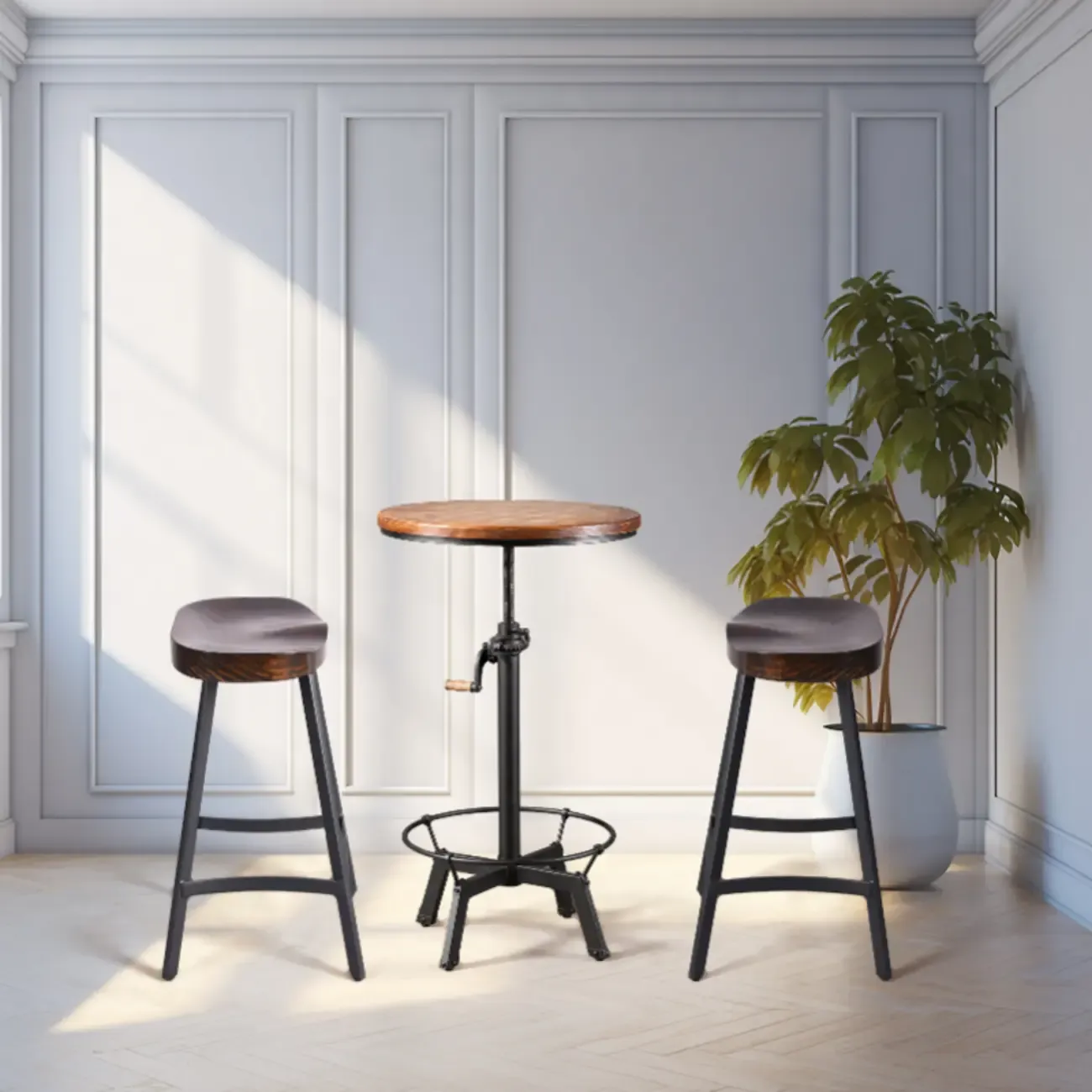 Adjustable Height Industrial Wood Iron Pedestal Bar Table