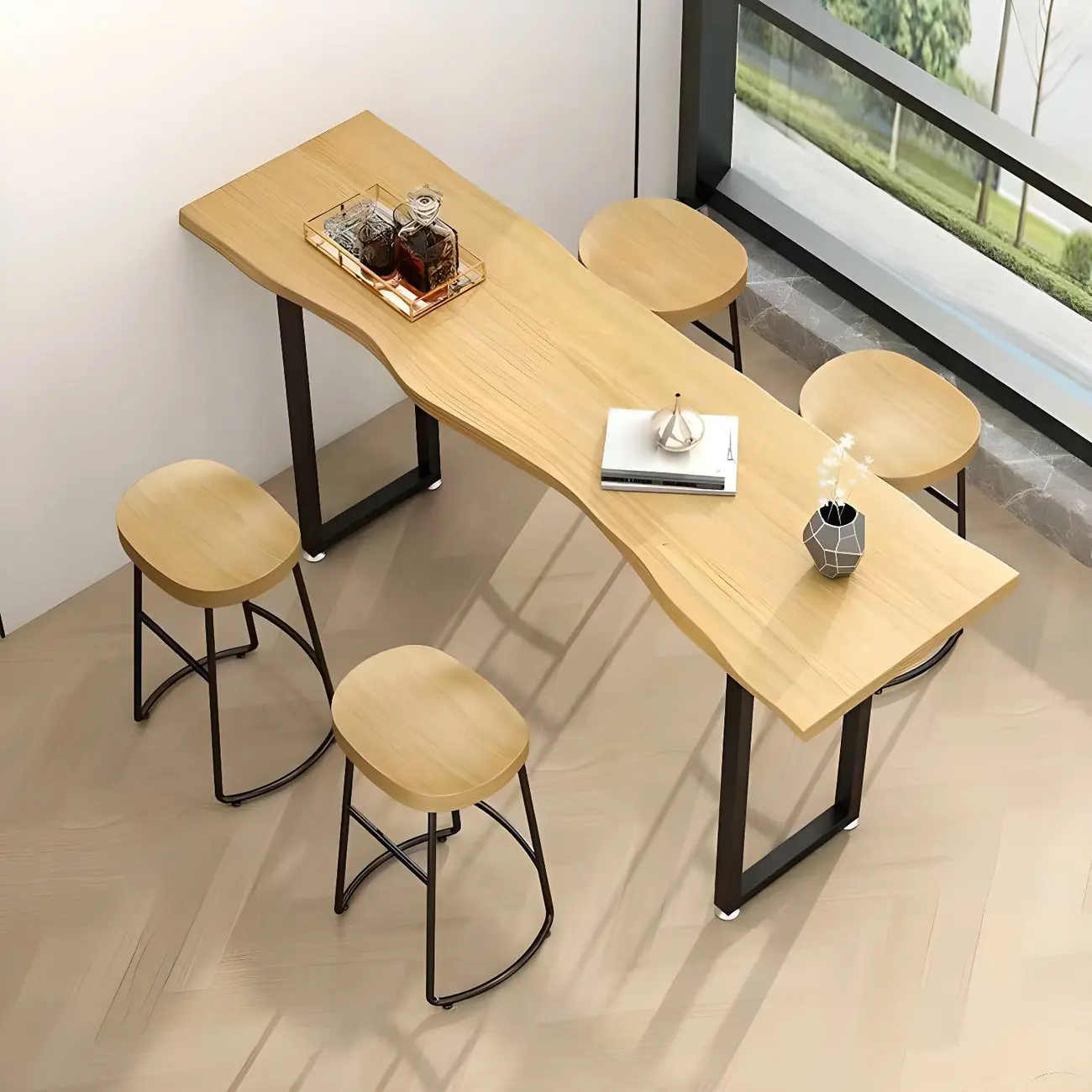 Natural Finish Bar Table Set with Backless Stools