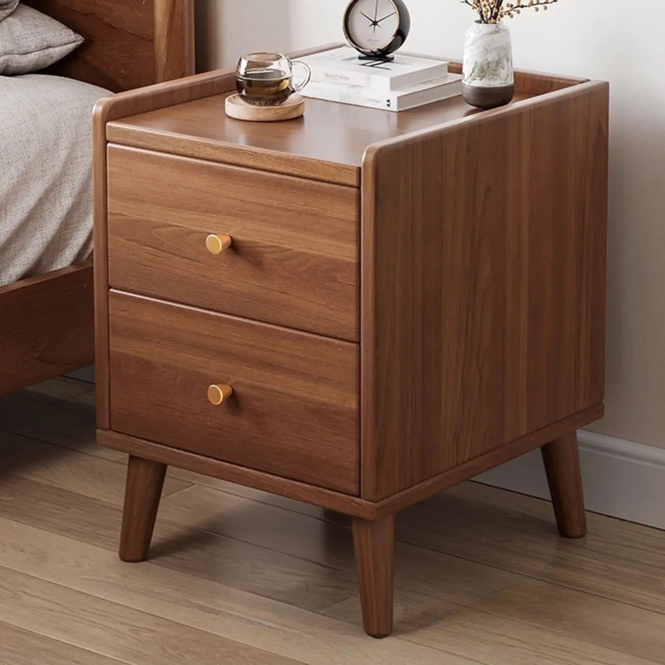 Natural Wood Scandinavian 2-Drawers Narrow Nightstand
