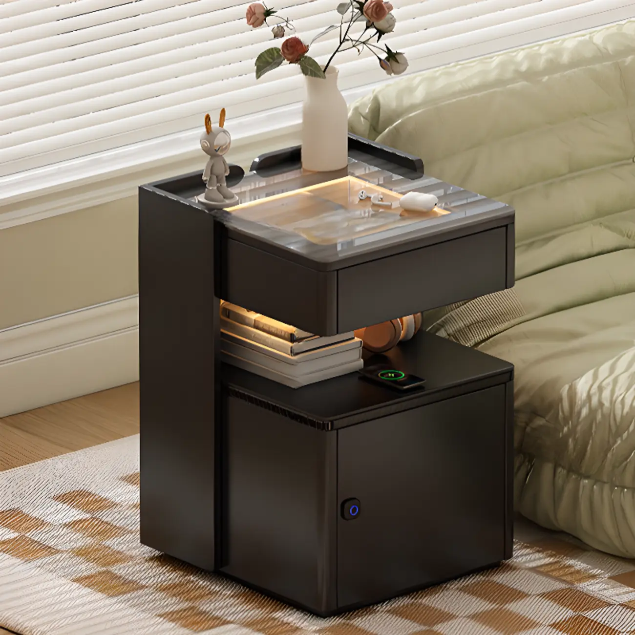 Modern Black Glass Top Drawer USB Nightstand with Cabinet