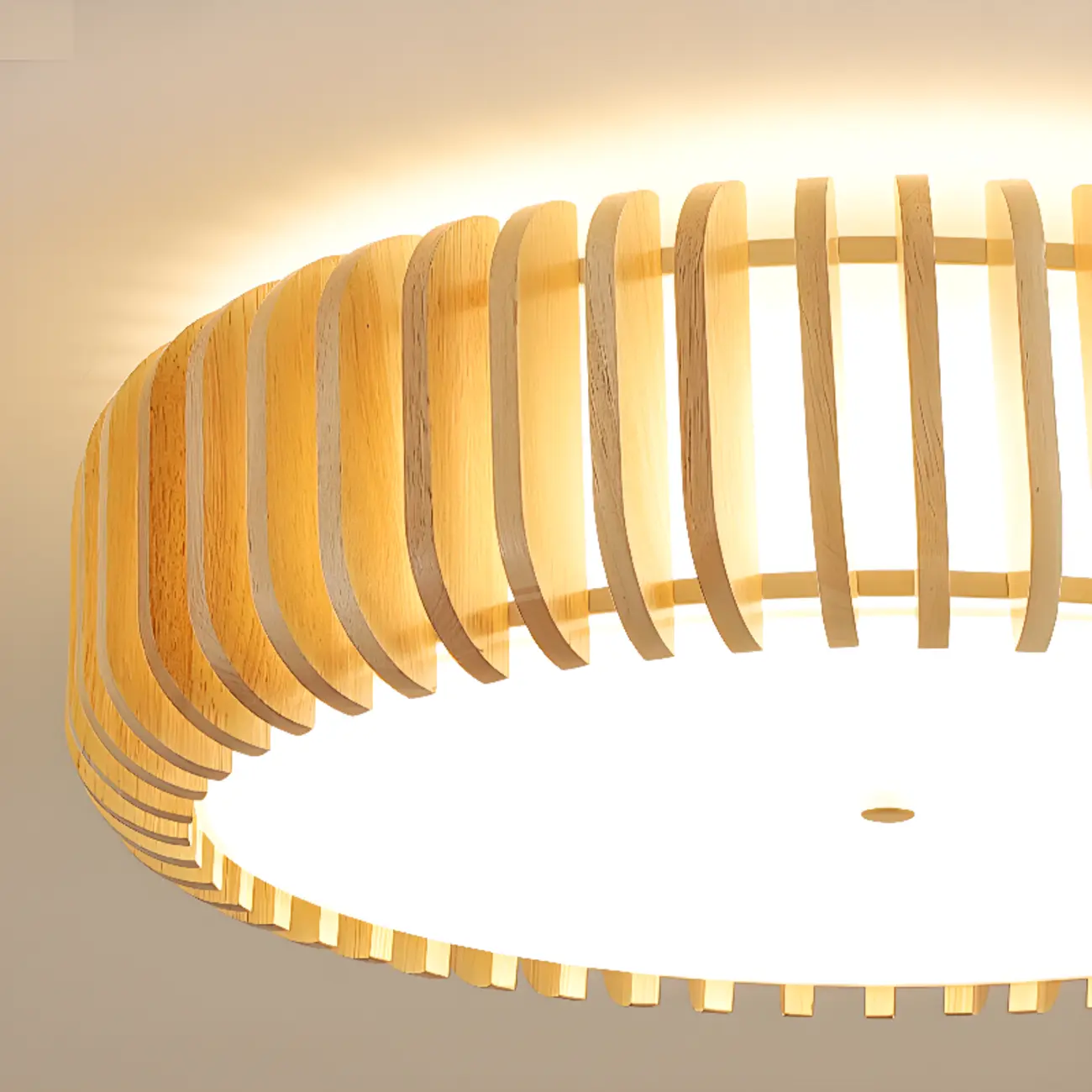 Natural Wood Circular Dimmable LED Flush Mount Ceiling Light
