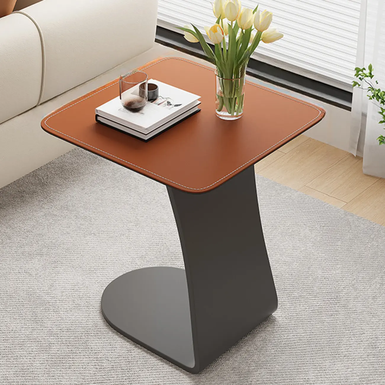 HomeyFad Square Leather Top C-Shape Metal Side Table
