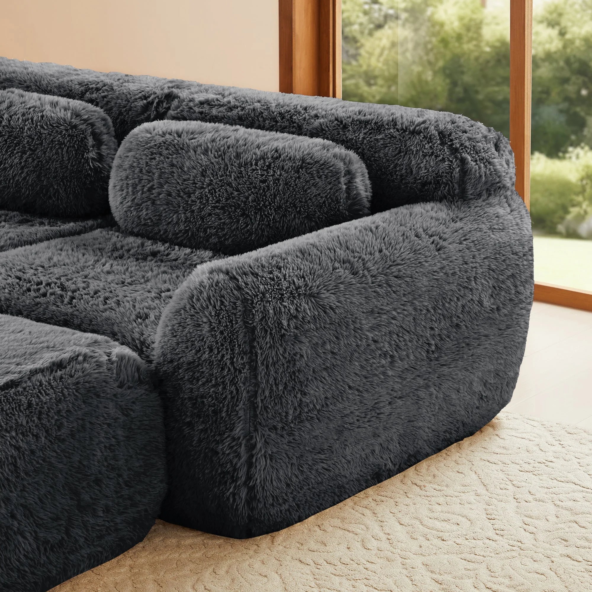 Soft Teddy Plush Ergonomic Design L-shaped Loveseat Sofa with Ottoman