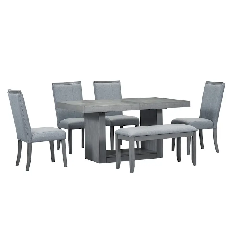 6-Piece 78inch Extendable Pedestal Dining Table Set with 18inch Removable Leaf and Dining Bench, 4 Upholstered Dining Chairs