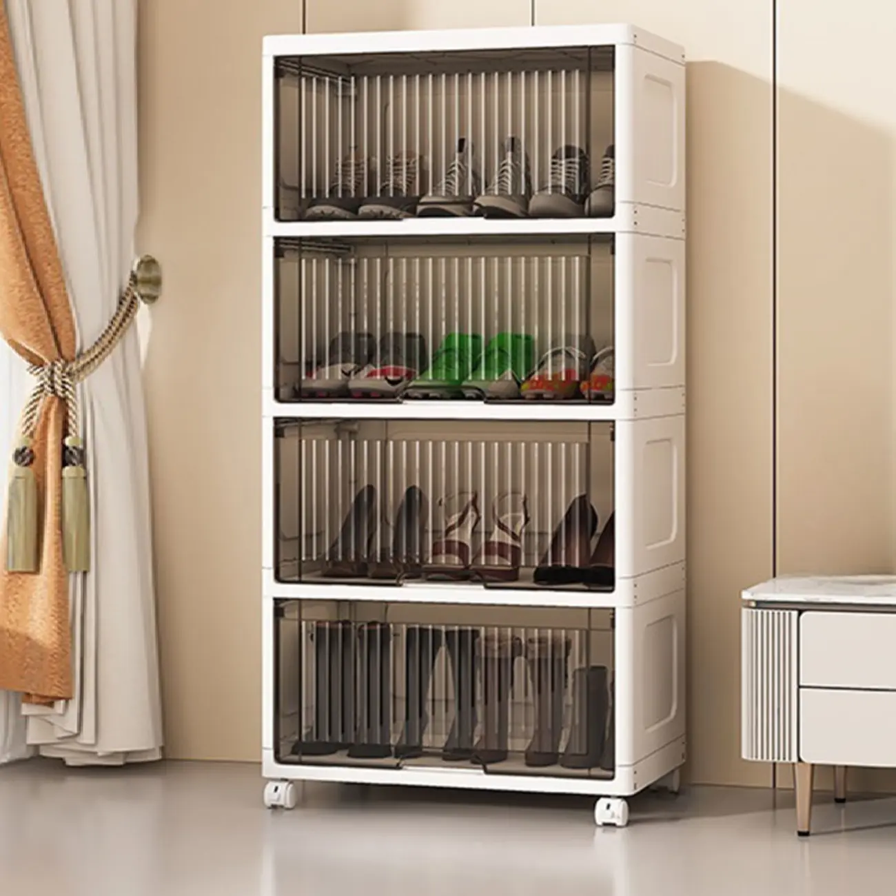 Hallway White Plastic Drop-Front Shoe Cabinet with Casters