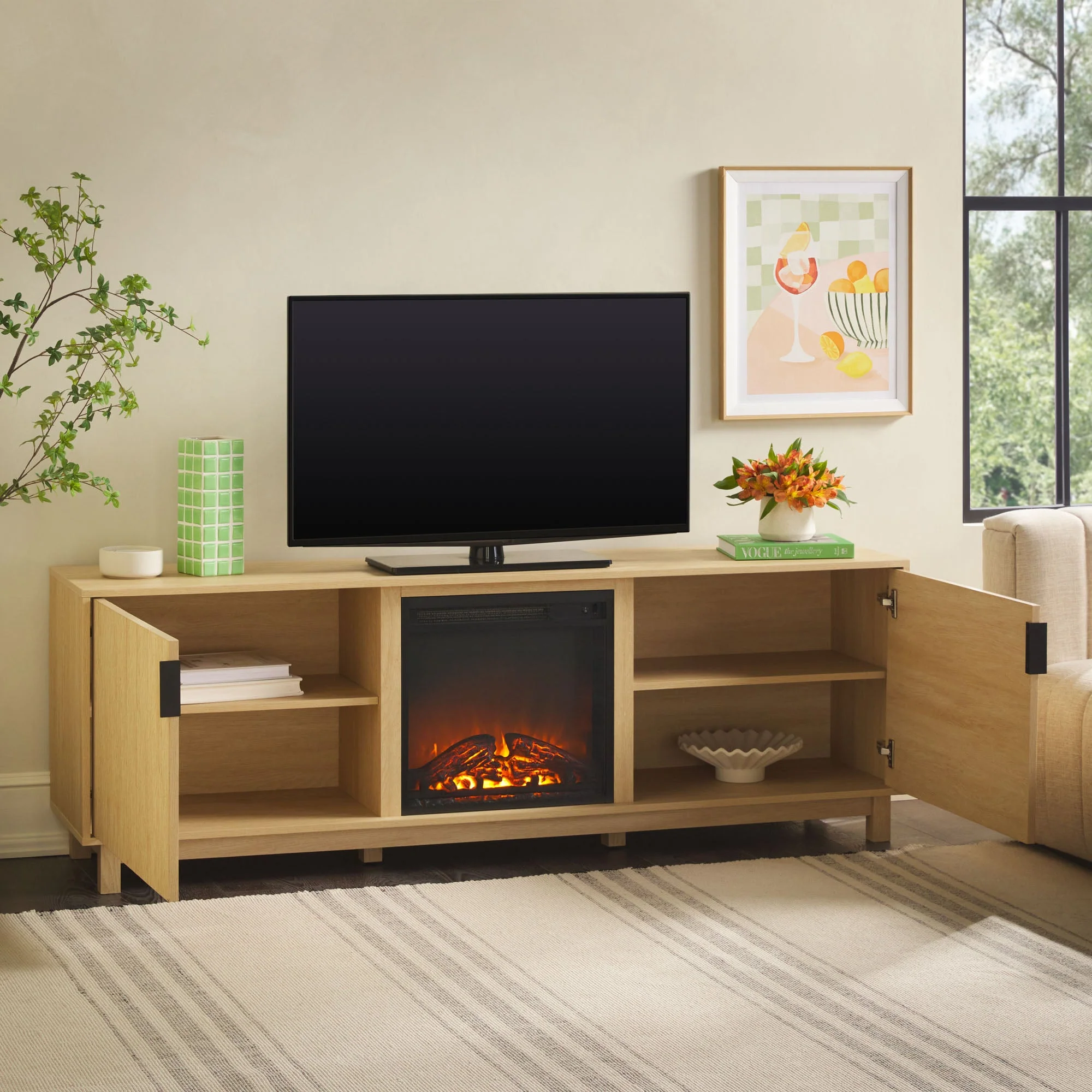 Reema Scandinavian 70 Modern Reeded TV Stand with Freestanding Electric Fireplace