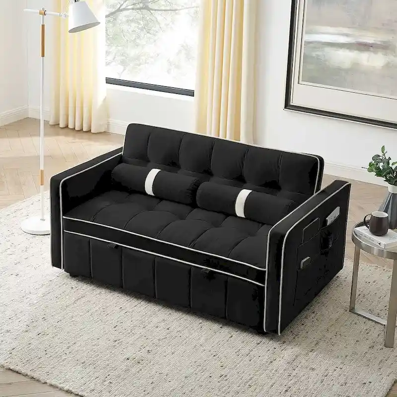 Velvet Multi-Functional Pull-Out Sofa Bed Adjustable Reclining Backrest With Pillows - N/A