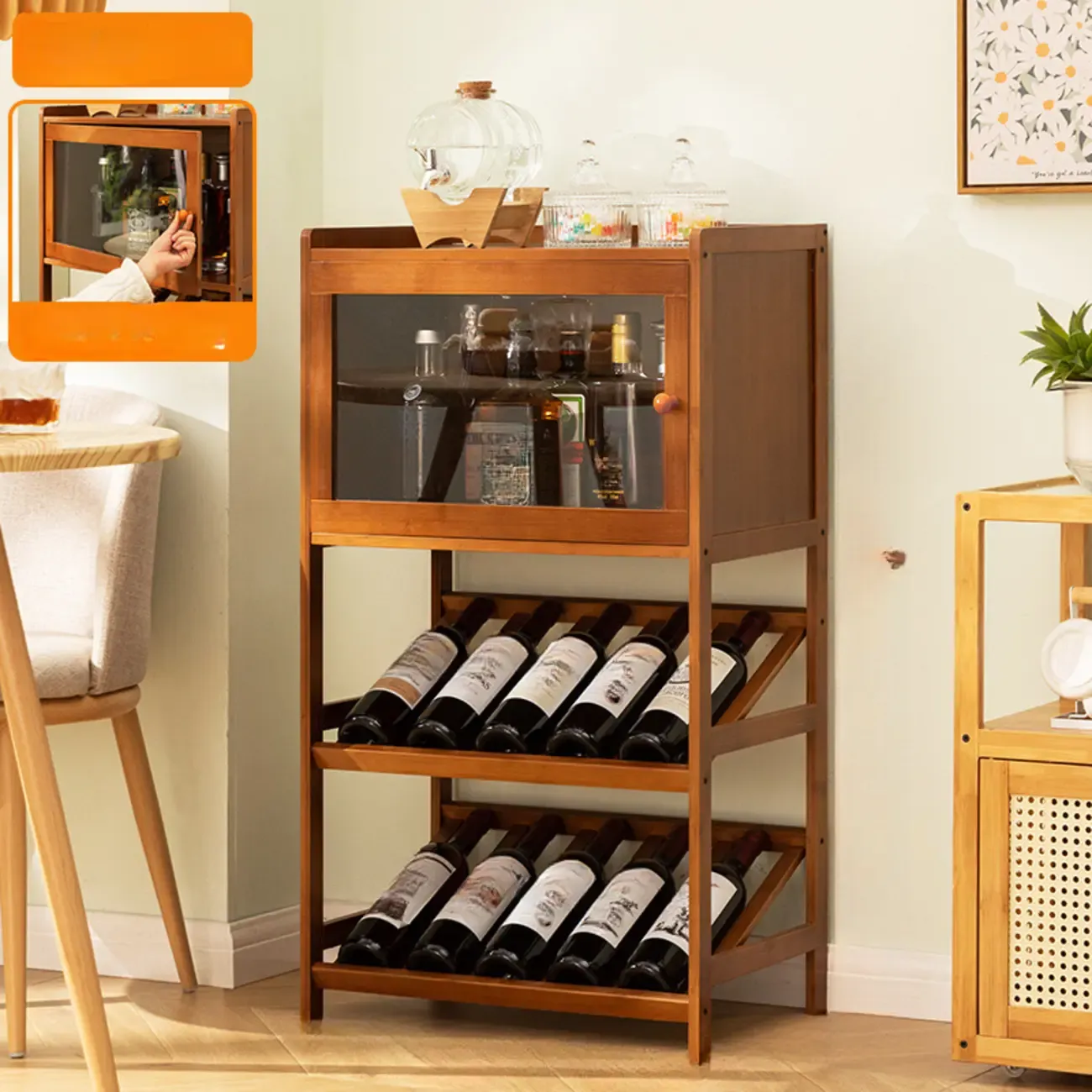 Rustic Freestanding Natural Wooden Wine Rack Cabinet
