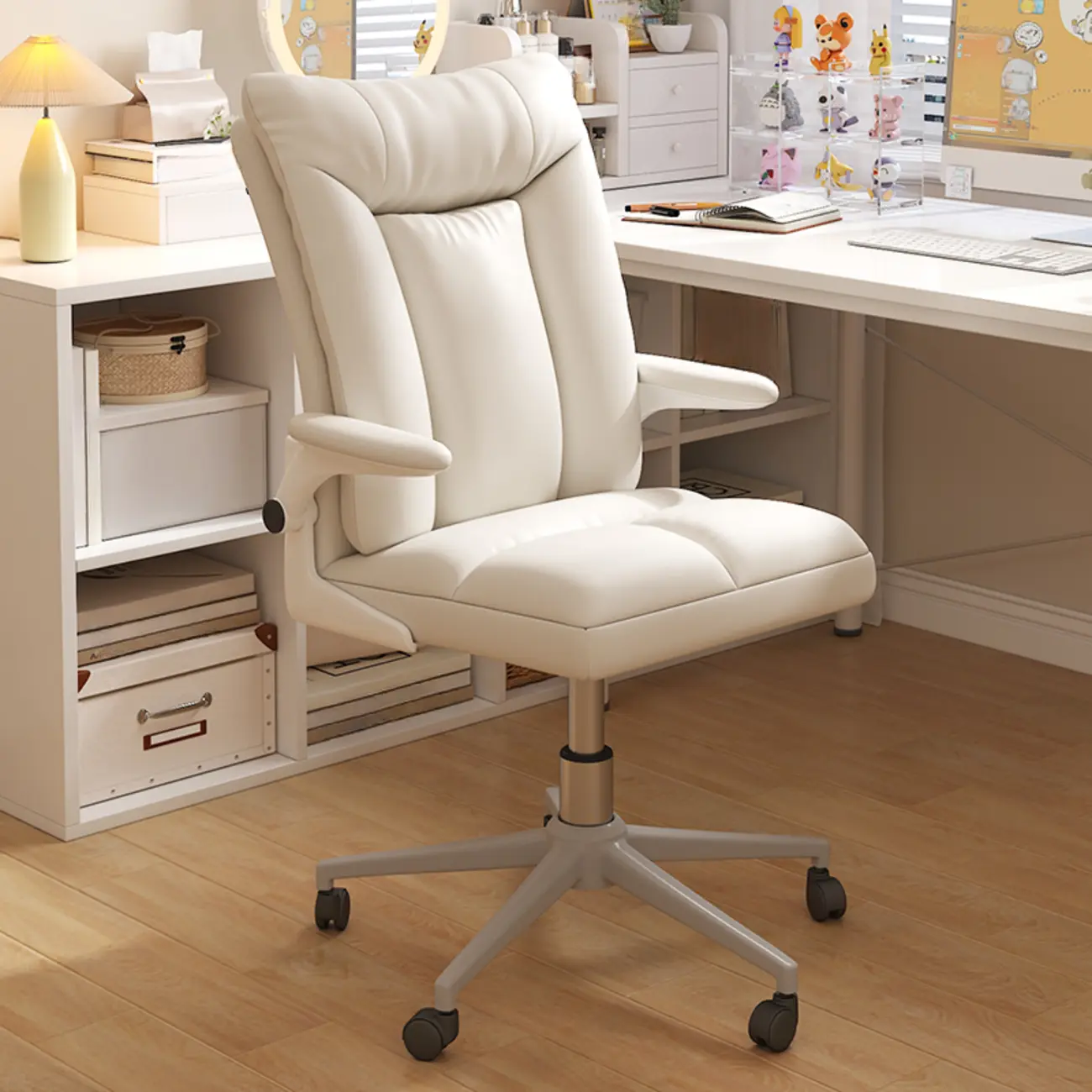 Modern White Fabric Upholstered Adjustable Swivel Office Chair