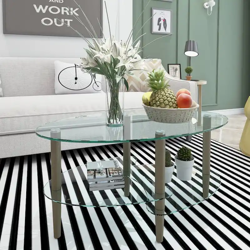 Oval glass coffee table, Transparent coffee table, modern table in living room with Oak wood legs, tea table