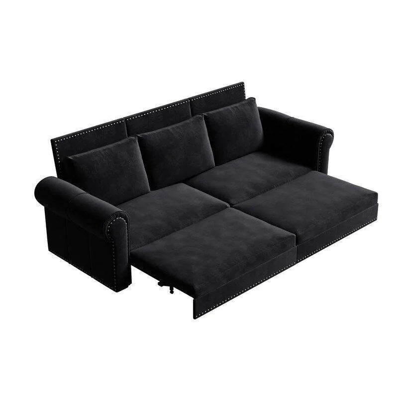 3-in-1 King Pull Out Sofa Bed Chesterfield Sofa, Velvet/Faux Leather Convertible Sleeper Sofa with Nailhead Trim & Rolled Arm