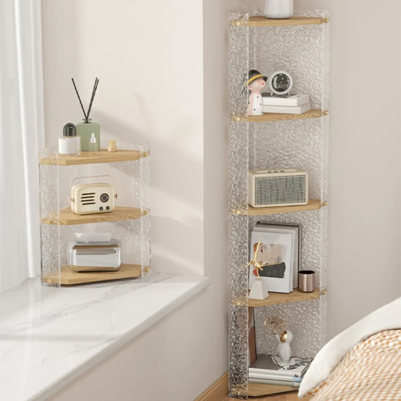 Modern Acrylic Natural Wood Open Shelves Corner Cabinet