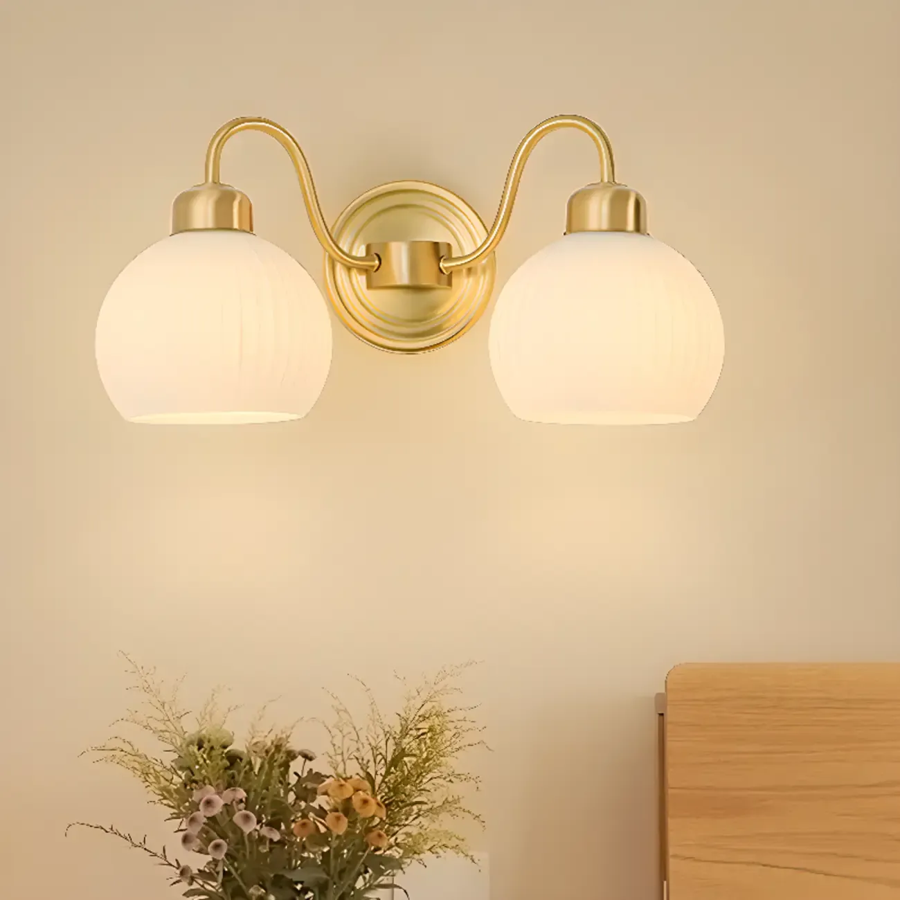 Modern Dual White Glass Dome Brass Wall Lamp