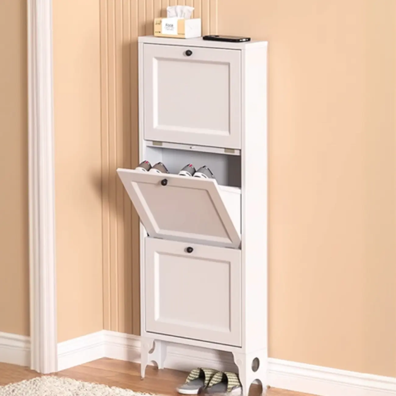 Compact Slim White Metal Drop Front Shoe Storage Cabinet