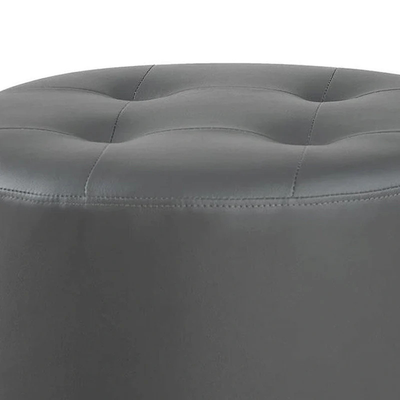 Round Leatherette Swivel Ottoman with Tufted Seat, Gray and Black