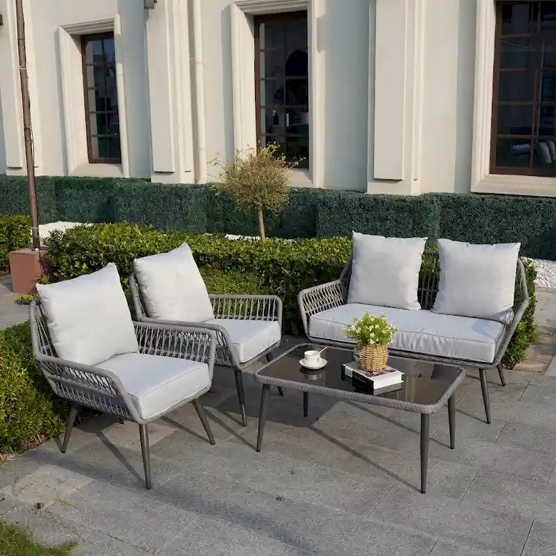 Tappio 4-Piece Outdoor Wicker Cushioned Sofa Conversation Set - 49.64W x 27.38D x 29.27H