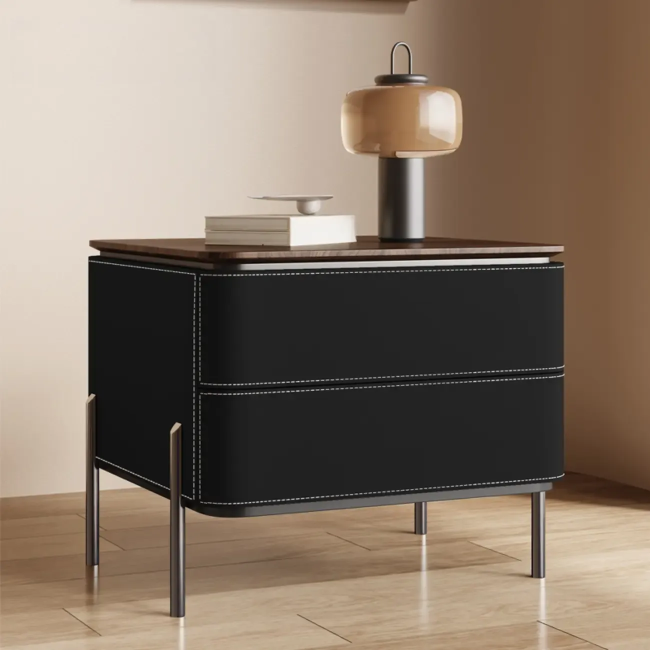 Modern Wood Top Leather Drawer Nightstand Including Metal Legs