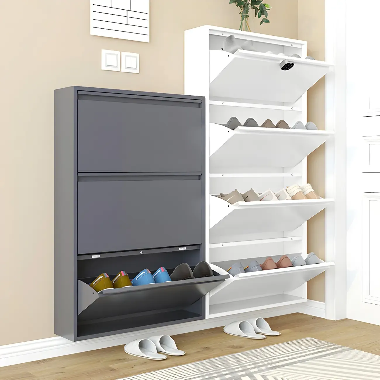 Grey/White Metal Wall Mounted Shoe Storage Cabinet