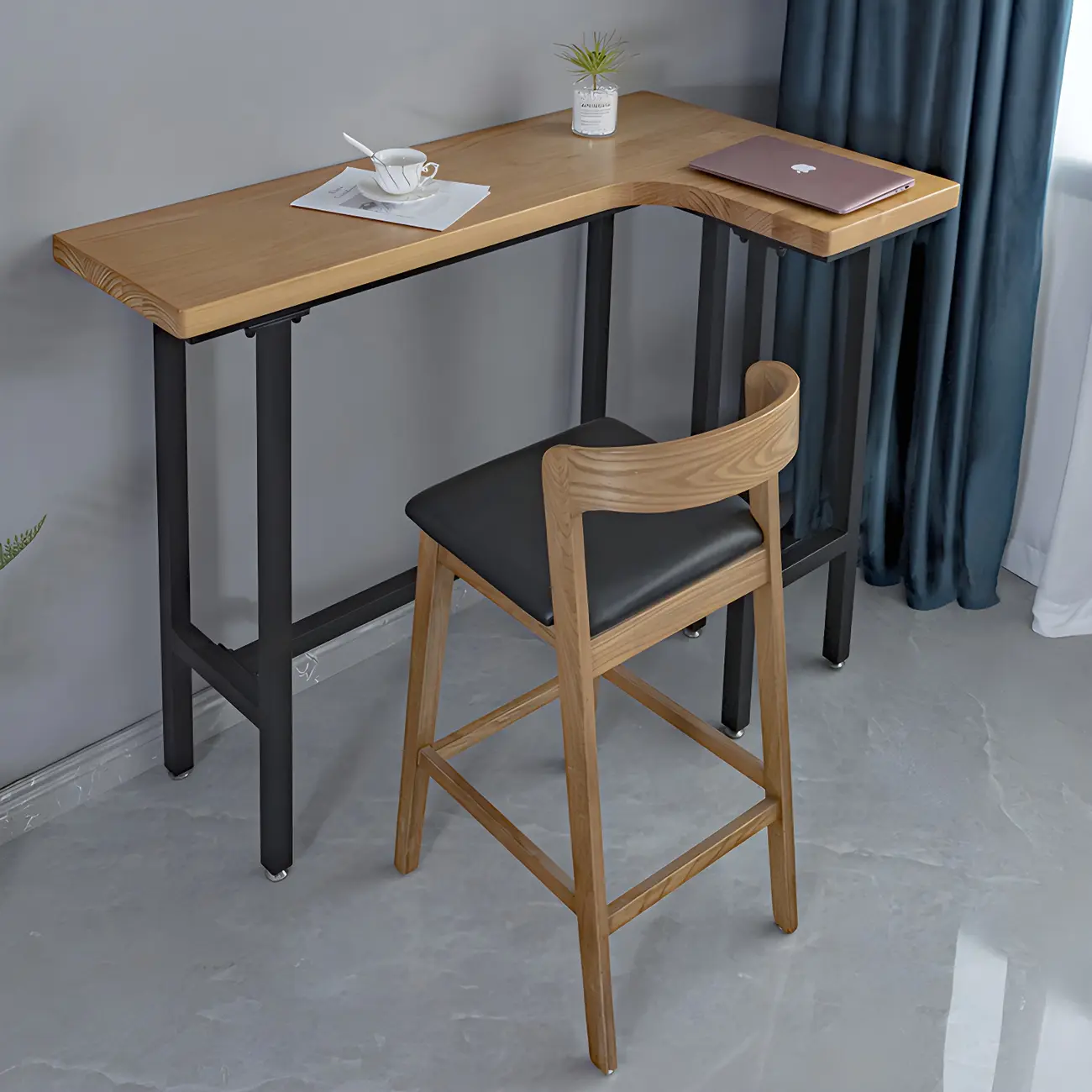 Industrial Natural Wooden Iron Trestle L-Shape Bar Tables