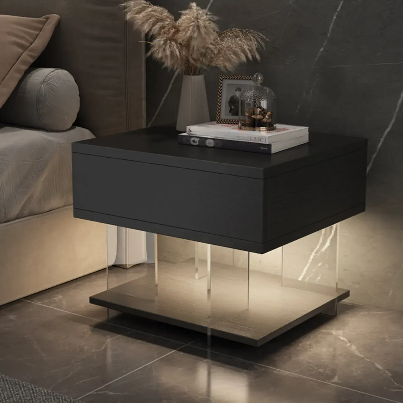 Modern Acrylic Wood Top 1 Drawer Nightstand with Light