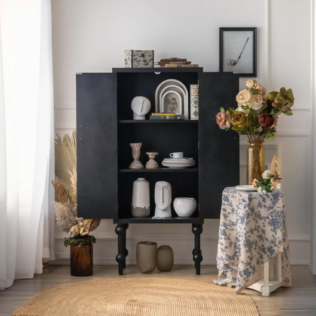 Artistic Pattern Wood Black Cabinet Sideboard in 3-Shelf