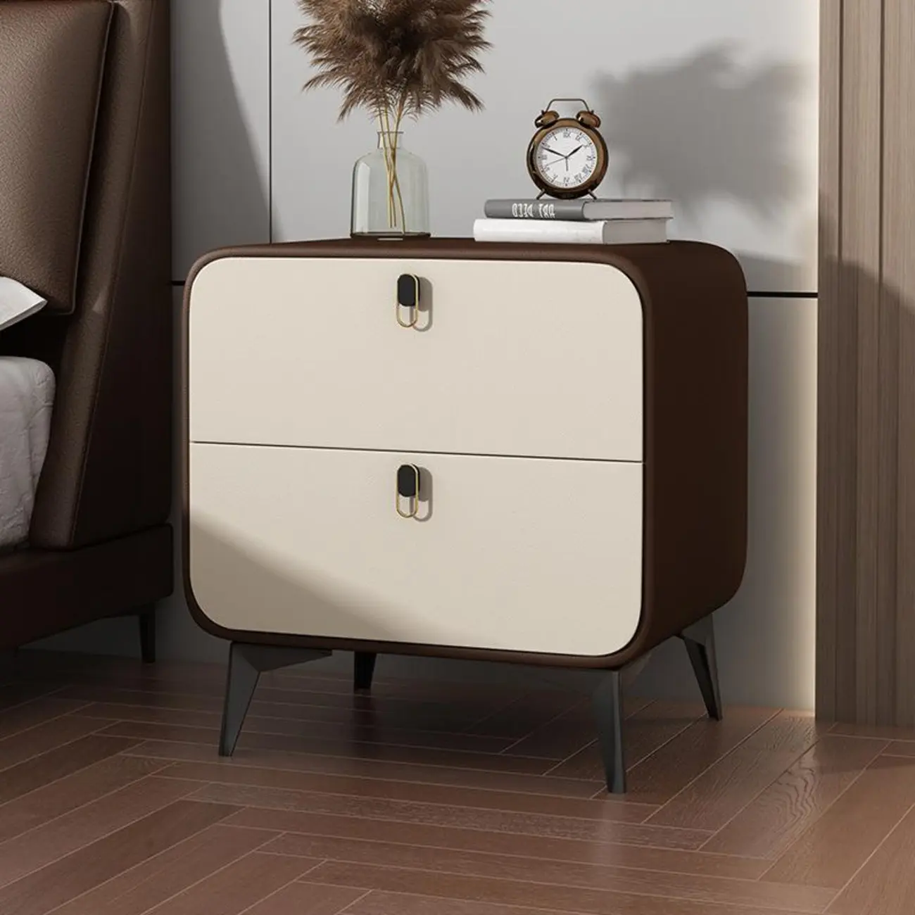 Scandinavian Leather 2 Drawers Wood Nightstand