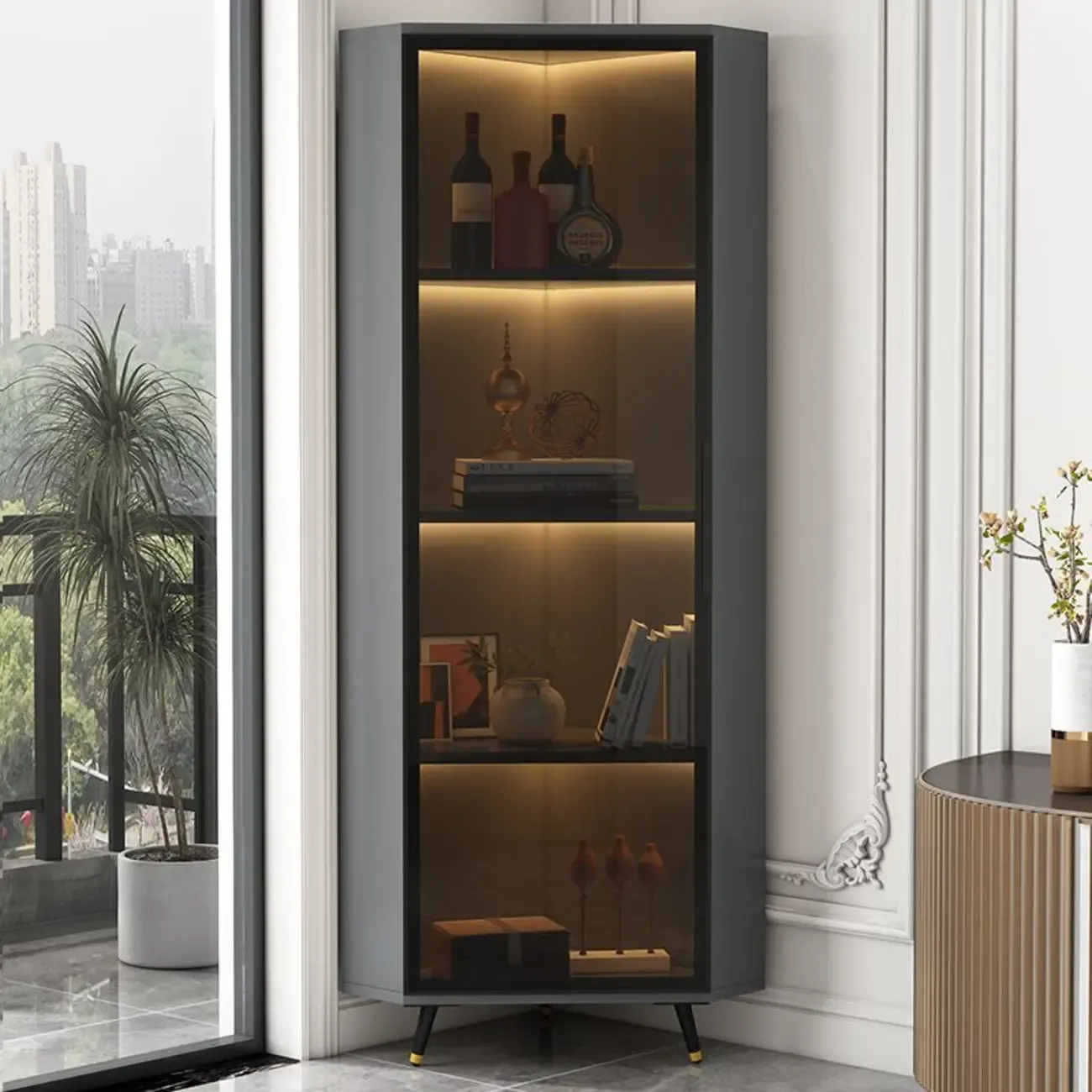 Modern Glam White-Gold Wood Glass Display Cabinet