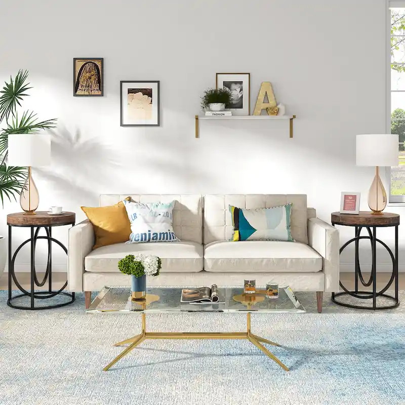 20 in. Marble White Round Wood End Table with Gold O-shaped Base