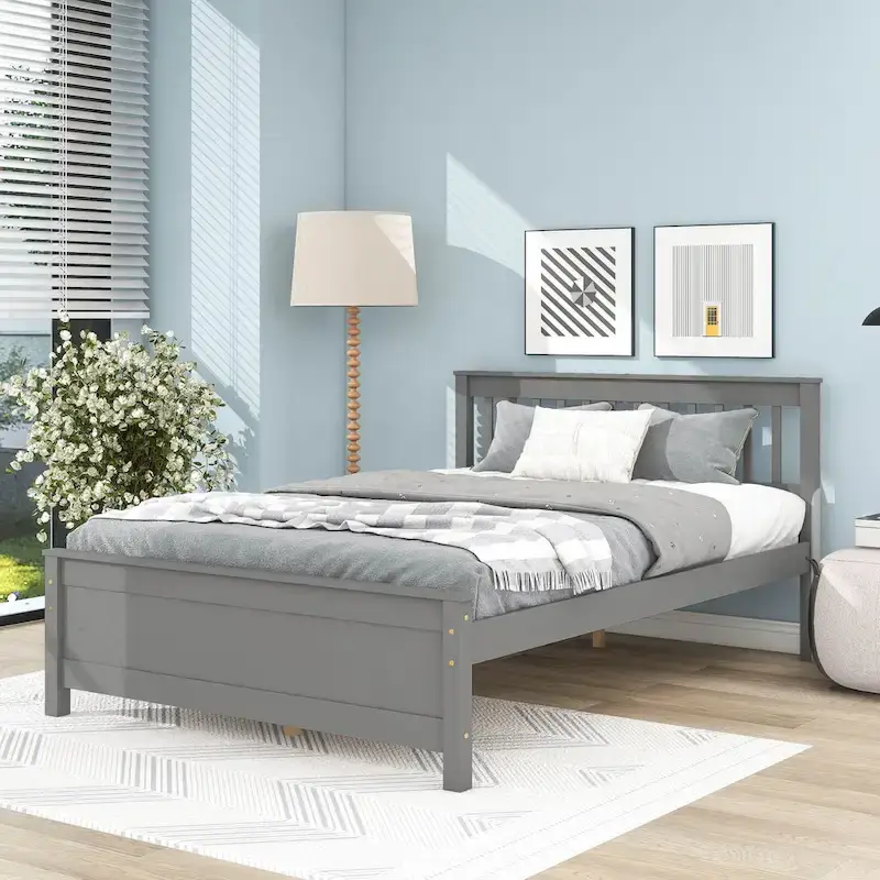 Grey Pine Wood Full Bed with Slatted Headboard and Footboard - No Box Spring Required, Includes Nightstand