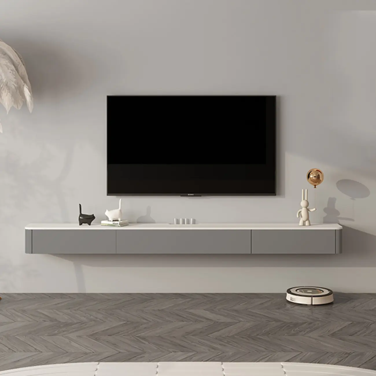 71 Off-White Long Floating Wood Cable Management TV Stand