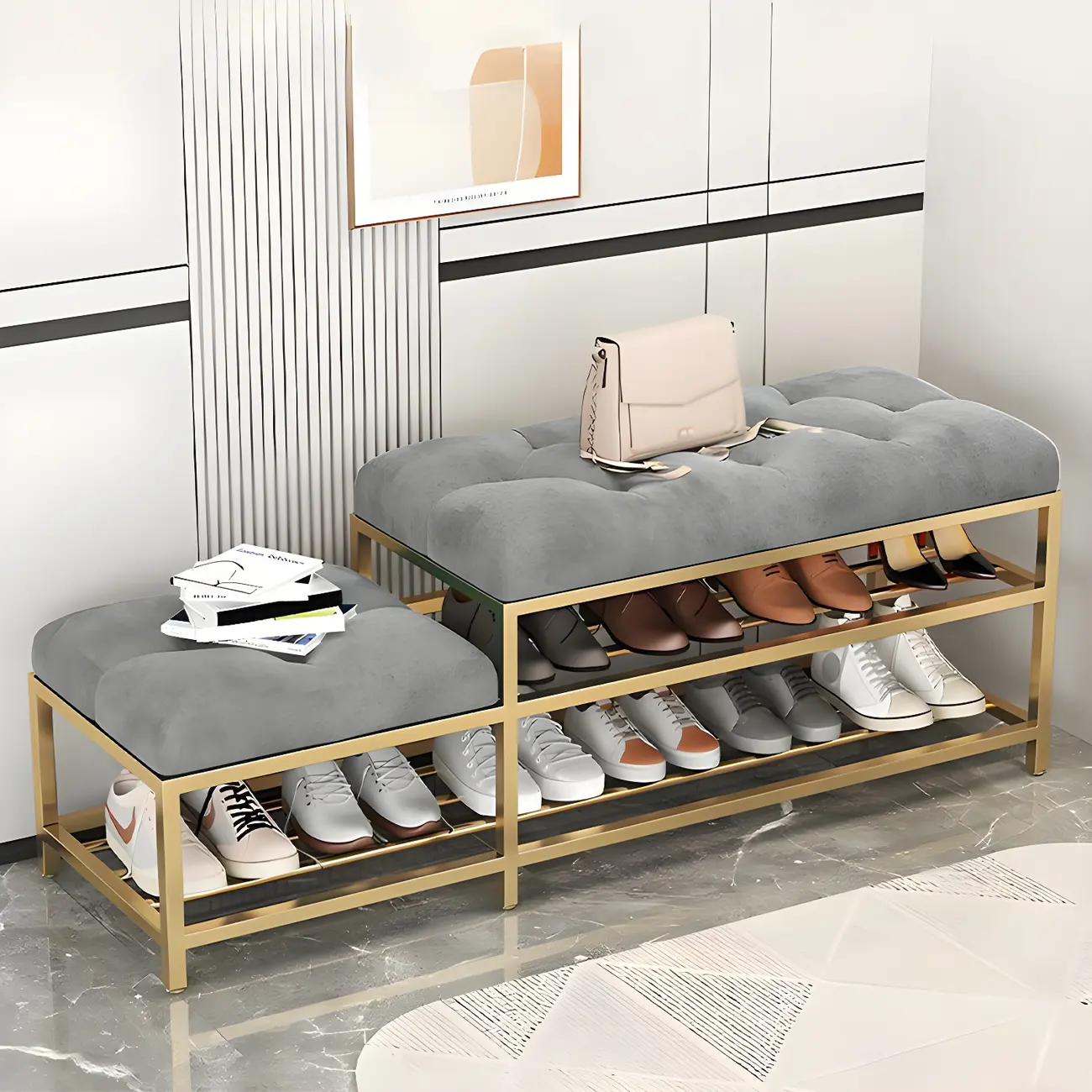 Gray Upholstered Shoe Rack with Gold Frame for Entryway