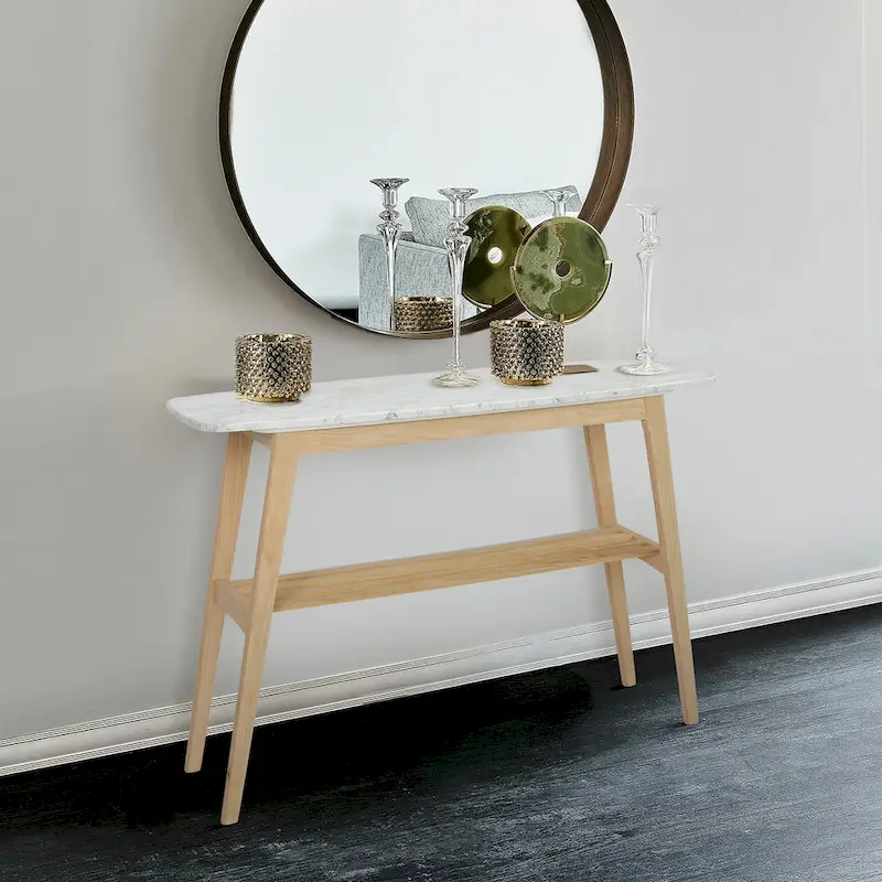 Castello 43 Rectangular Italian Carrara White Marble Console Table with Shelf - 43L x 12W x 31H - 43L x 12W x 31H