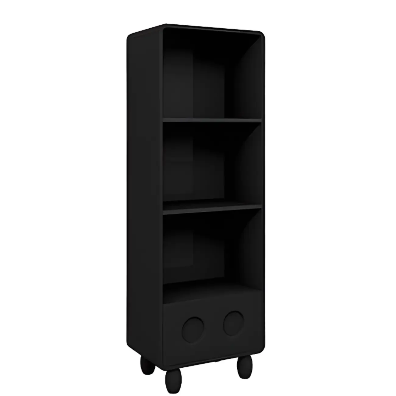 Narrow Black Wood 5-Tier Rolling Bookcase with Drawers