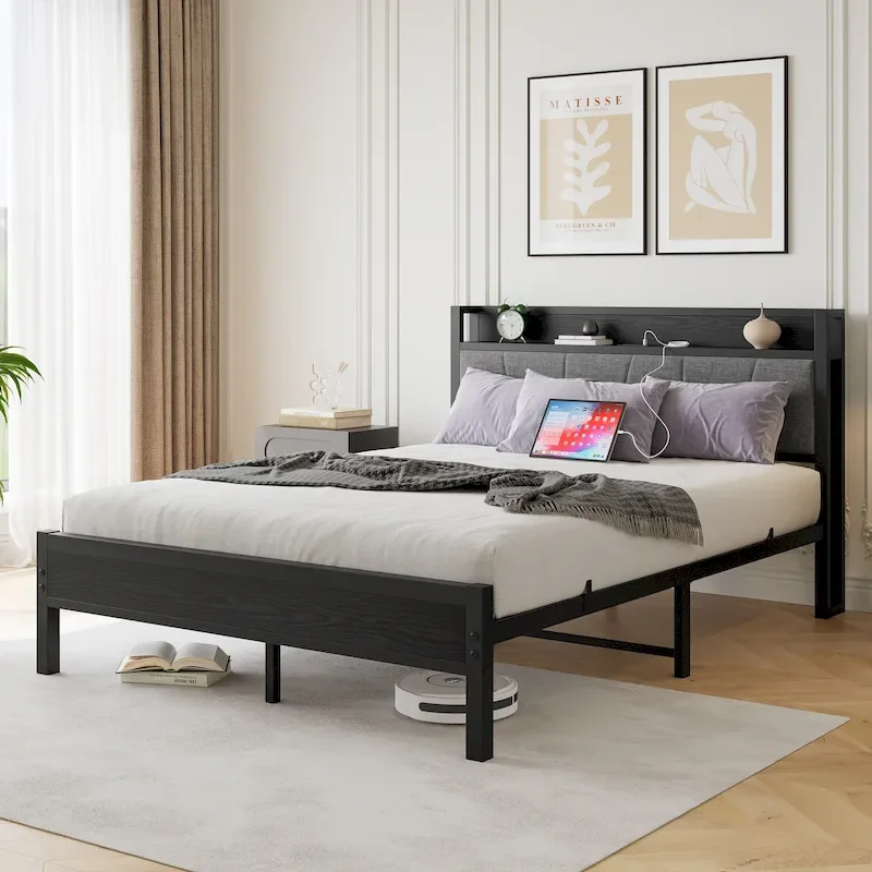 Queen Platform Bed with Storage Headboard & USB Ports