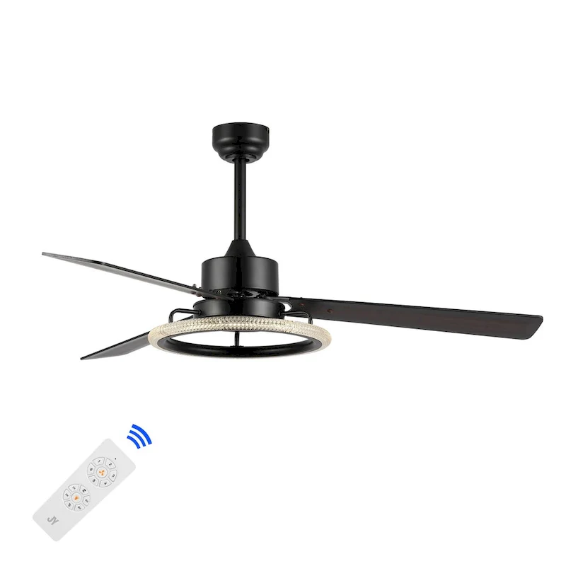 Bruno 52  1-Light Modern Industrial Iron/Acrylic/Wood Remote-Controlled 6-Speed Integrated LED Ceiling Fan, by JONATHAN Y