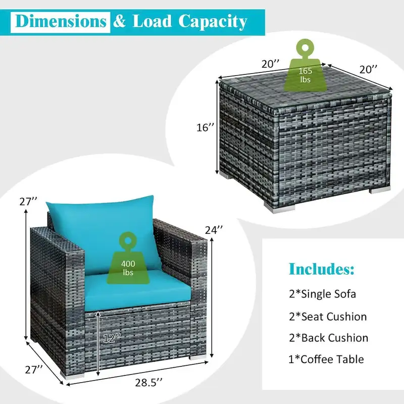 3 Pieces Patio Rattan Furniture Bistro Sofa Set with Cushioned - 28.5 (L) x 27.5 (W) x 27 (H)