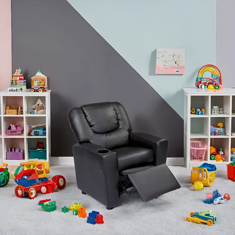 Kids Push Back Recliner Chair with Footrest and Cup Holders