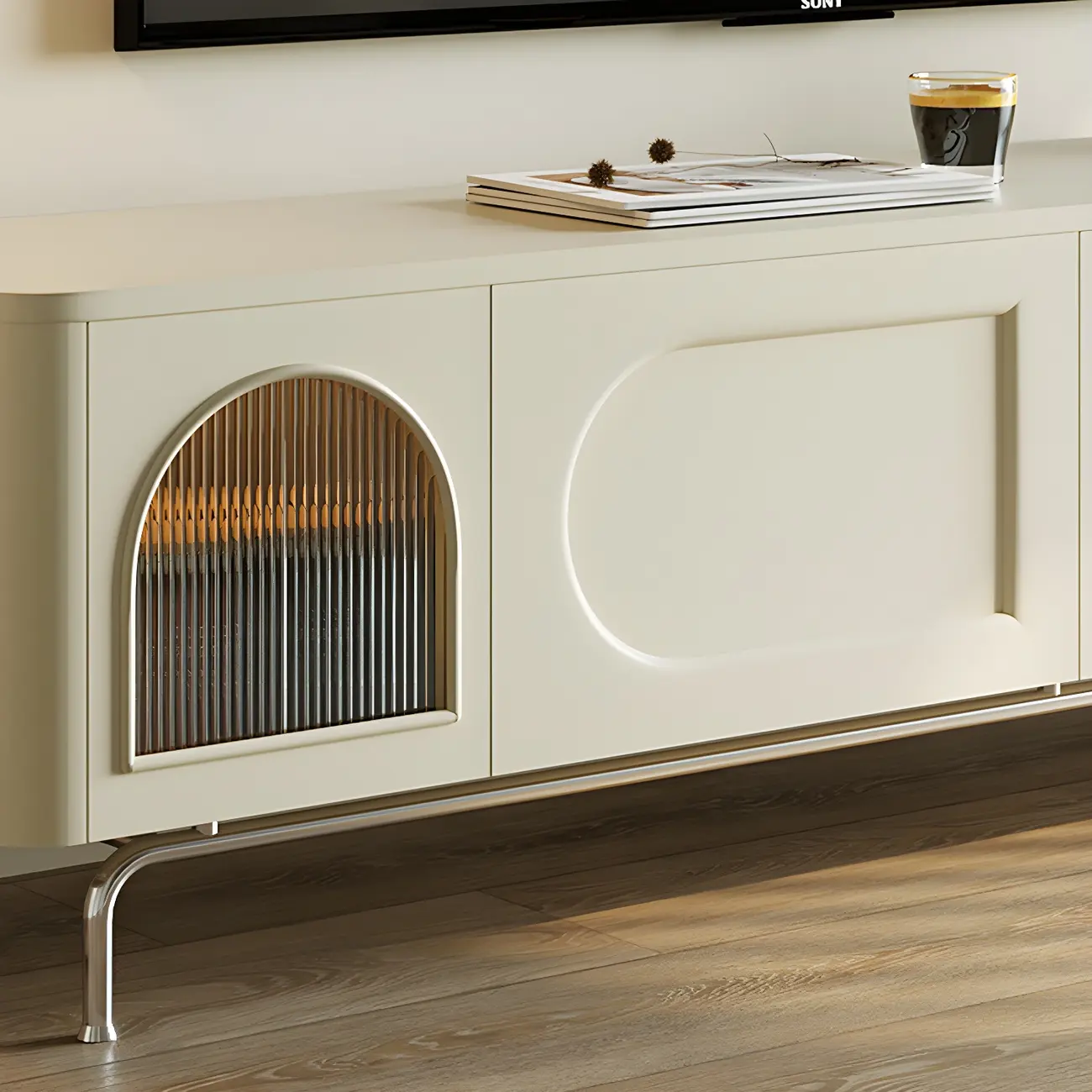 94.5 White Wood Arched Display Niches TV Stand with Cabinets