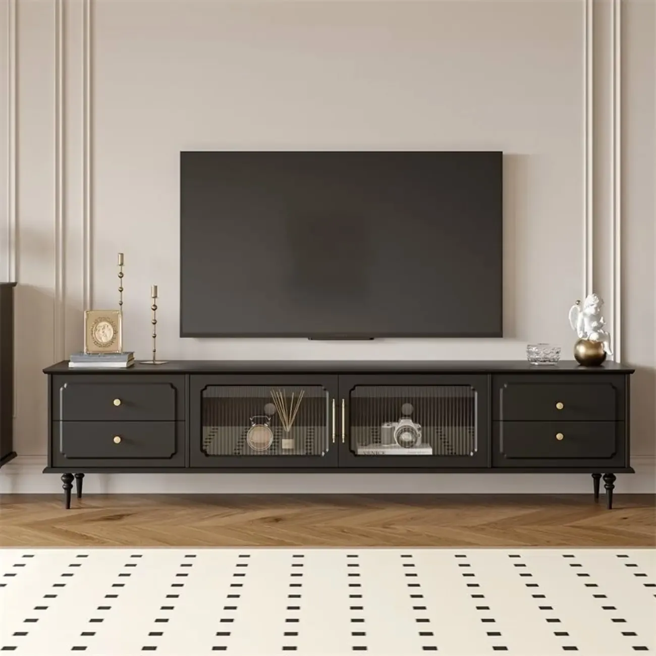 Wooden French Country TV Stand with Black Finish