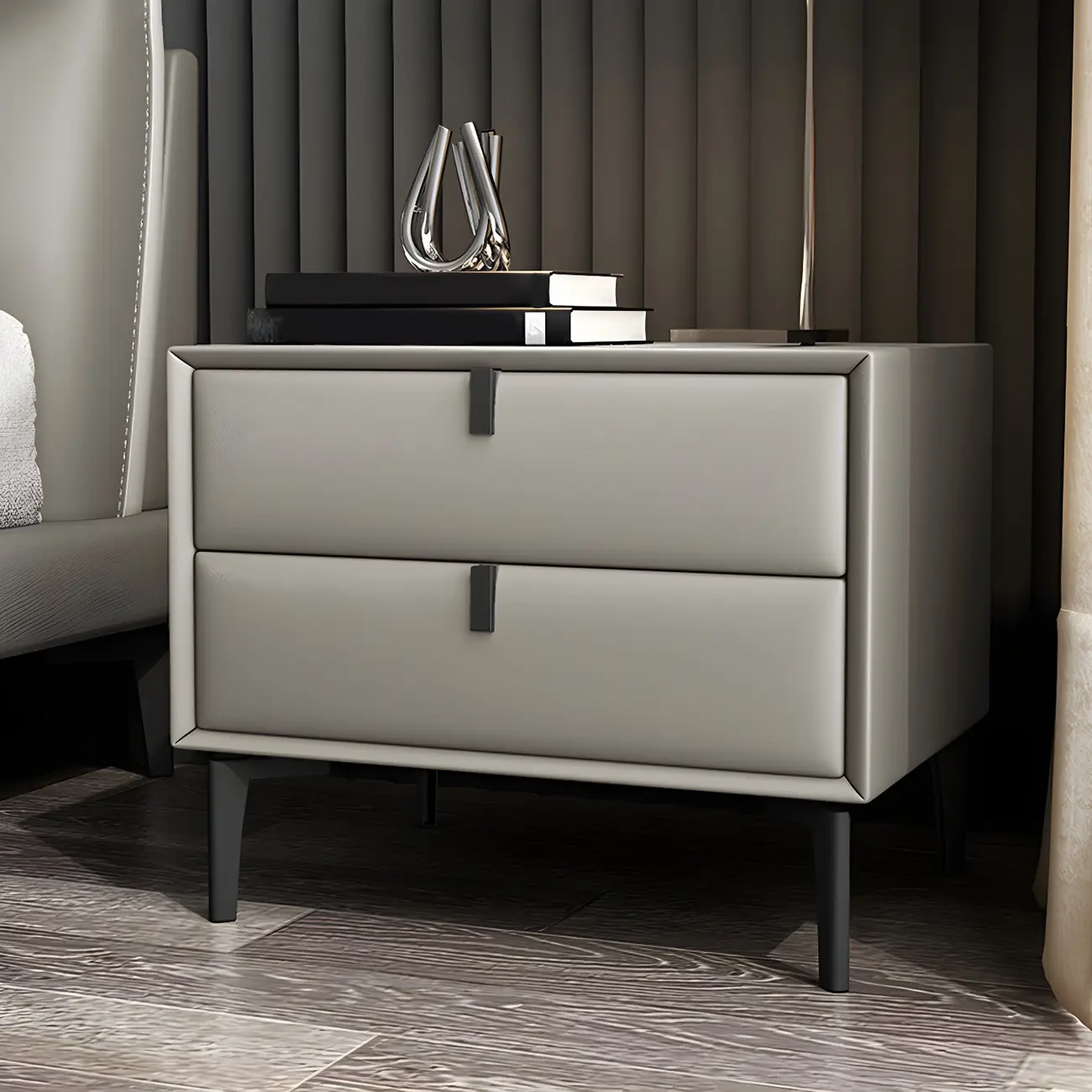 Modern Black Leather Bedside Table with Drawers