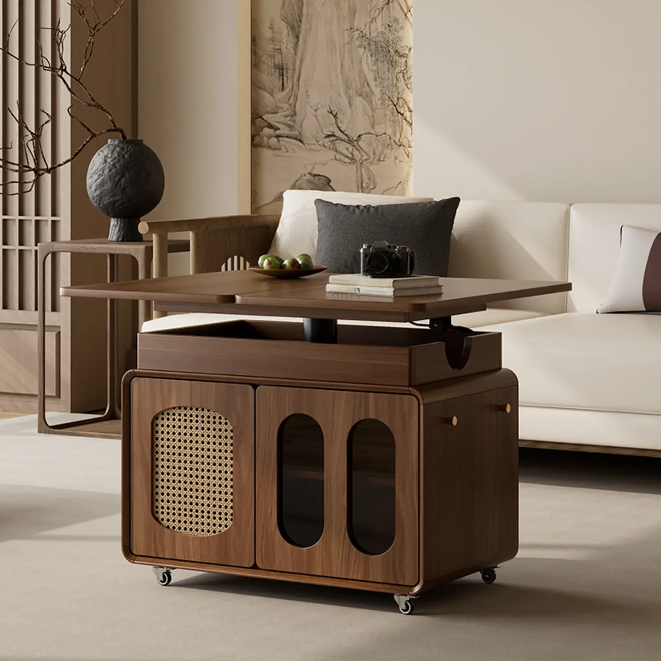 Elegant Brown Rolling Wood Side Table Adjustable Top