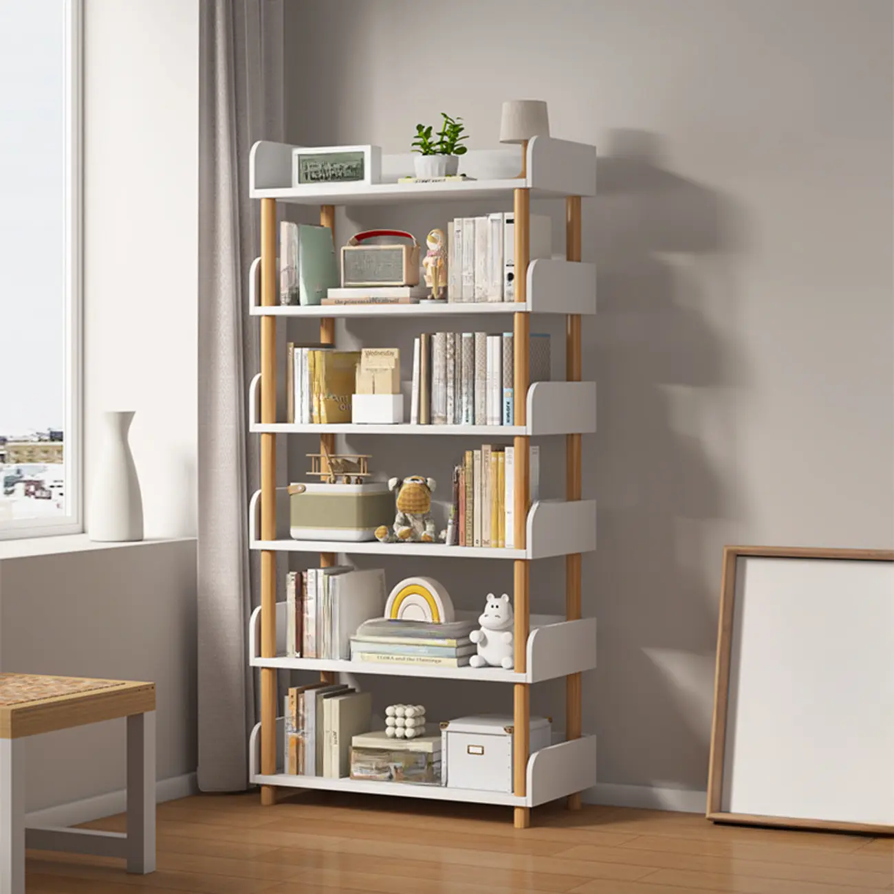 Vertical Natural Multi-Shelf Open Back Wood Bookcase