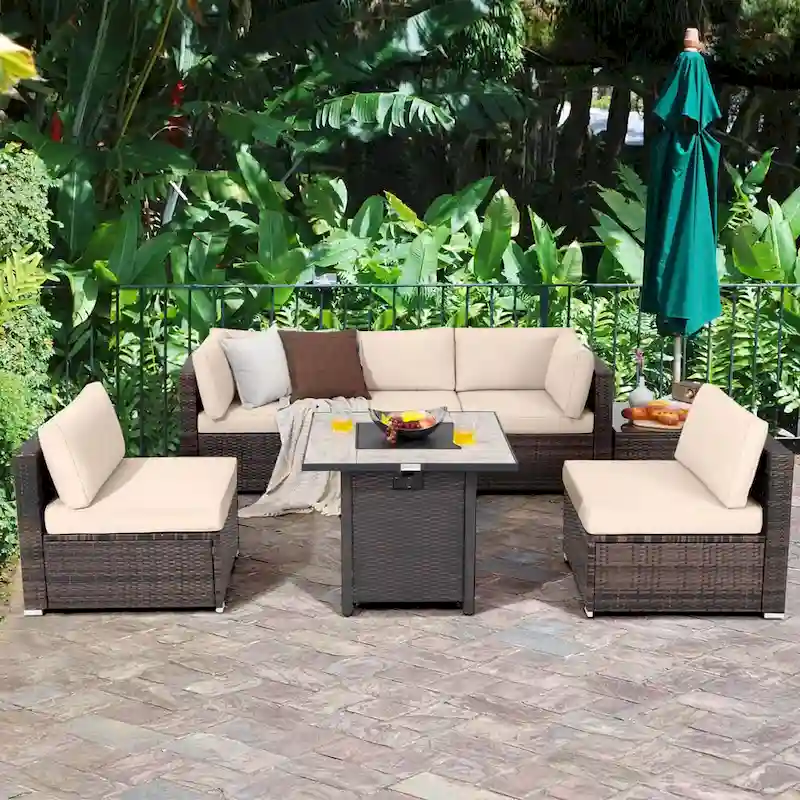 Costway 7PCS Patio Rattan Furniture Set 30 Fire Pit Table Cover - See Details