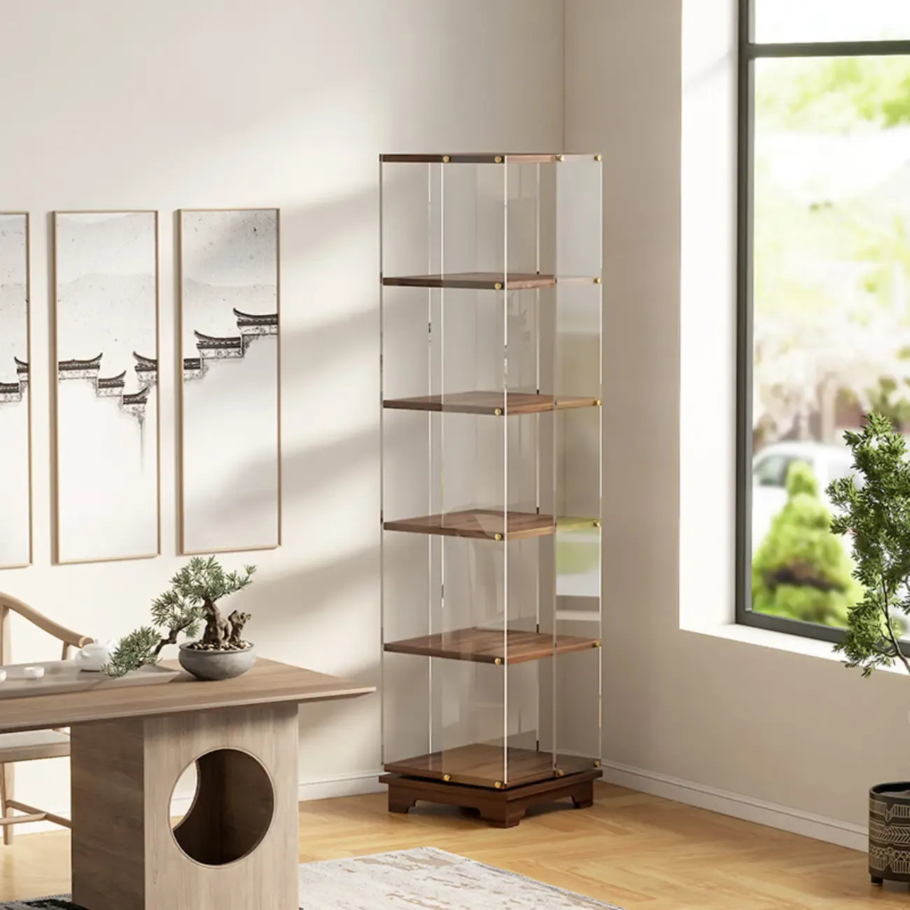 Art Deco Square Timber Shelf Glass Panel Swivel Chest