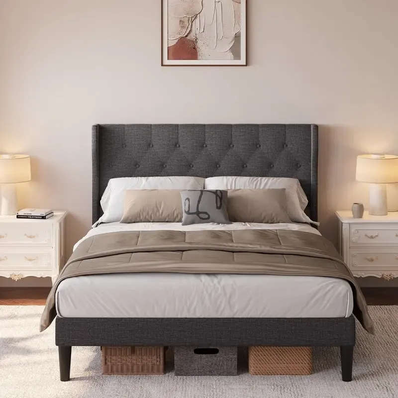 Modern Upholstered Platform Bed Frame, Velvet Bed Frame with Wingback Headboard